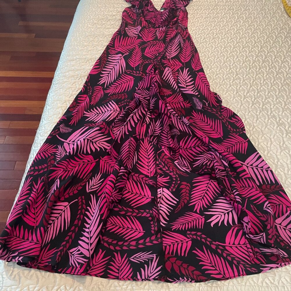 RIXO Antoinette Pink Palm Print Frilly Sleeve 100% Silk Midi Dress (Size S/P) - Picture 16 of 16